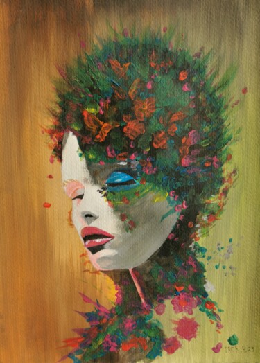 Painting titled "Femme en fleurs" by Ahmad Bader, Original Artwork, Acrylic Mounted on Other rigid panel