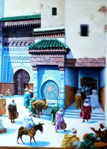 Painting titled "Place Enajjarine(le…" by Ahmed Bouhchou, Original Artwork, Oil