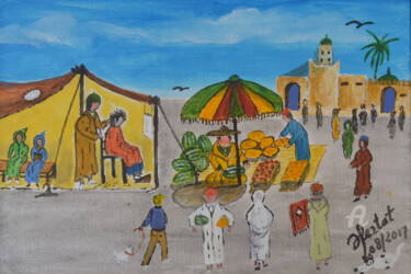 Peinture intitulée "un coté du souk heb…" par Ahmed Fertat, Œuvre d'art originale, Acrylique