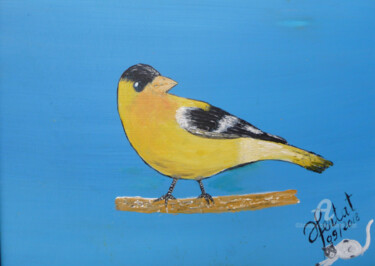 Painting titled "oiseau-jaune canari…" by Ahmed Fertat, Original Artwork, Oil