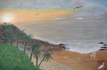 Schilderij getiteld "plage à l'aube" door Ahmed Fertat, Origineel Kunstwerk, Olie
