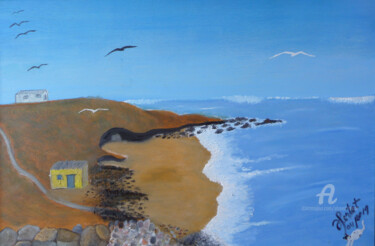 Painting titled "plage et pêche-13.j…" by Ahmed Fertat, Original Artwork, Oil