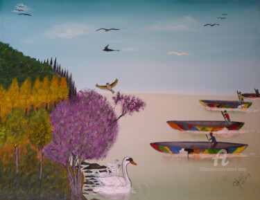 Peinture intitulée "le grand lac" par Ahmed Fertat, Œuvre d'art originale, Acrylique