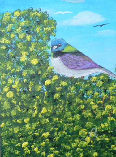 Malerei mit dem Titel "mésange bleue" von Ahmed Fertat, Original-Kunstwerk, Acryl