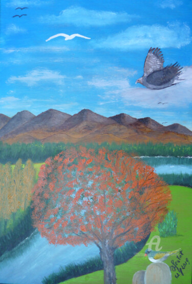 Malerei mit dem Titel "aigle en vol" von Ahmed Fertat, Original-Kunstwerk, Öl
