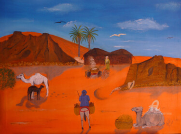 Pintura intitulada "campement nomades" por Ahmed Fertat, Obras de arte originais, Óleo