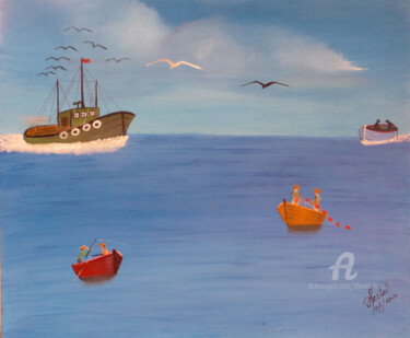 Painting titled "la pêche cotière" by Ahmed Fertat, Original Artwork, Acrylic