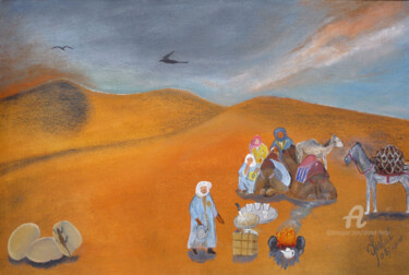 Malerei mit dem Titel "pause thé au sahara" von Ahmed Fertat, Original-Kunstwerk, Öl