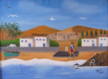 Painting titled "pieds dans l'eau" by Ahmed Fertat, Original Artwork, Oil Mounted on Wood Panel