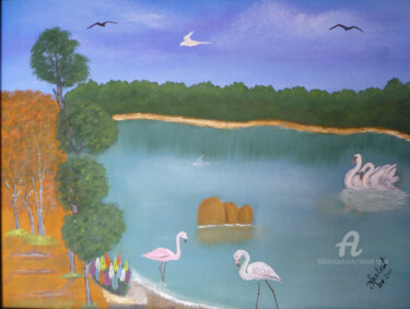 Peinture intitulée "paysage aquatique" par Ahmed Fertat, Œuvre d'art originale, Huile Monté sur Panneau de bois