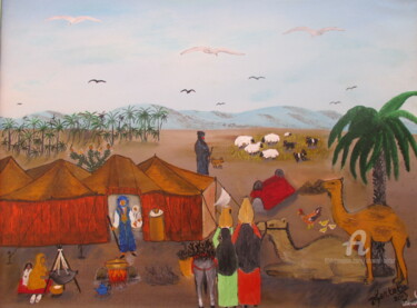 Painting titled "Campement nomade au…" by Ahmed Fertat, Original Artwork, Acrylic