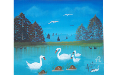 Painting titled "etang-a-cygnes-62x5…" by Ahmed Fertat, Original Artwork, Acrylic