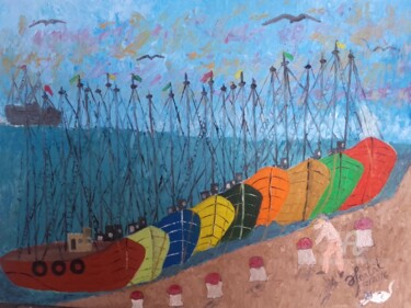 Peinture intitulée "embarcations-a-quai…" par Ahmed Fertat, Œuvre d'art originale, Huile