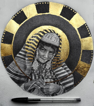 Disegno intitolato "golden portrait v" da Ahmed Mejbri, Opera d'arte originale, Biro