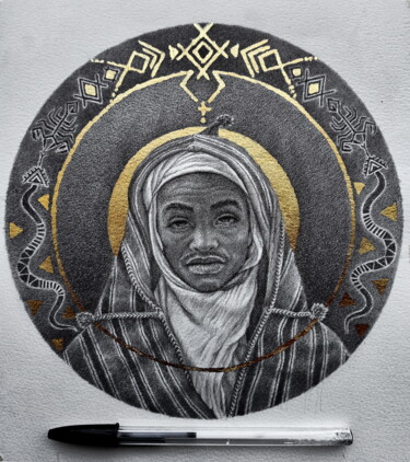 Drawing titled "golden portrait III" by Ahmed Mejbri, Original Artwork, Ballpoint pen