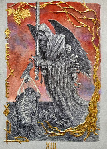 Malerei mit dem Titel ""DEATH" tarot card" von Ahmed Mejbri, Original-Kunstwerk, Kugelschreiber