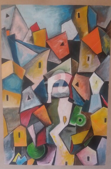 Peinture intitulée "le village" par Ahmed Zaibi, Œuvre d'art originale, Acrylique