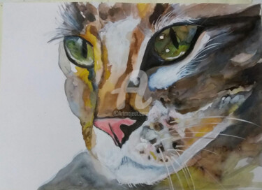Painting titled "chat-tigre" by Ahmed Zaibi, Original Artwork, Watercolor Mounted on Wood Stretcher frame