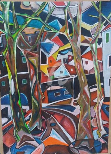 Pintura titulada "les arbres lumineux" por Ahmed Zaibi, Obra de arte original, Acrílico Montado en Vidrio