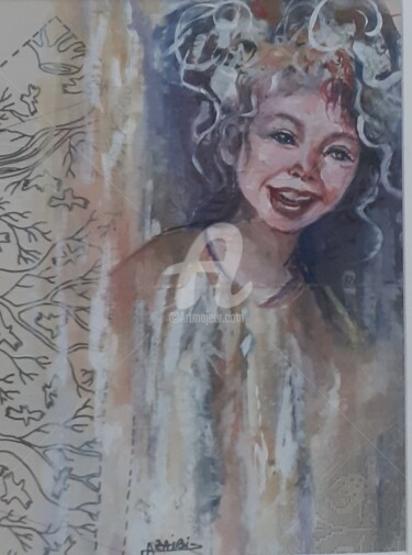 Painting titled "grand sourire" by Ahmed Zaibi, Original Artwork, Watercolor Mounted on Other rigid panel