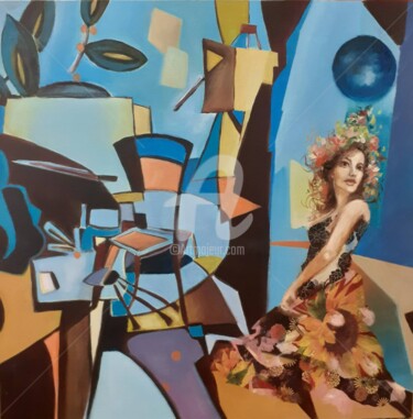 Schilderij getiteld "Hippi women" door Ahmed Zaibi, Origineel Kunstwerk, Acryl Gemonteerd op Frame voor houten brancard