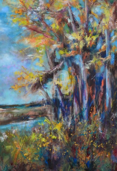 Painting titled "paysage Arbre" by Ahmed Zaibi, Original Artwork, Oil Mounted on Wood Panel