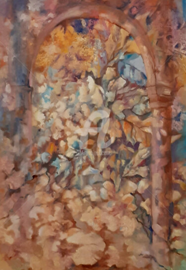 Painting titled "LaportedesFlowers" by Ahmed Zaibi, Original Artwork, Oil Mounted on Wood Stretcher frame
