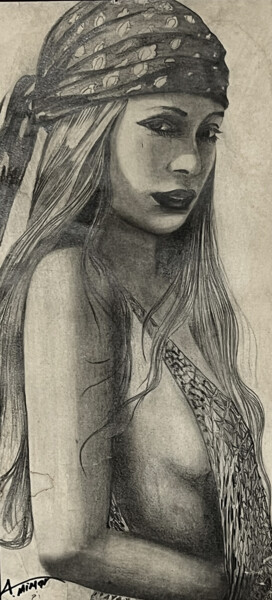 Drawing titled "Gypsy Face" by Ahmet Mimar, Original Artwork, Pencil