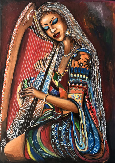 Painting titled "Harp Player" by Ahmet Mimar, Original Artwork, Acrylic Mounted on Wood Stretcher frame