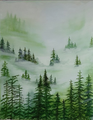 Картина под названием "Лес и туман" - Зиля Ахметова, Подлинное произведение искусства, Масло Установлен на Деревянная рама д…
