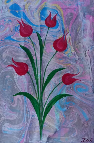 Peinture intitulée "тюльпаны-эбру акрил…" par Zilia Akhmetova, Œuvre d'art originale, Acrylique Monté sur Châssis en bois