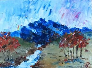 Pittura intitolato "Mountain river." da Zilia Akhmetova, Opera d'arte originale, Olio Montato su Cartone