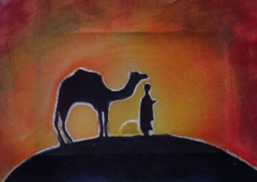 Painting titled "The desert man and…" by Zilia Akhmetova, Original Artwork, Ink Mounted on Wood Stretcher frame