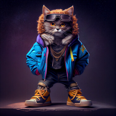 Arts numériques intitulée "Hip Hop Cat" par Jérôme Mettling, Œuvre d'art originale, Image générée par l'IA