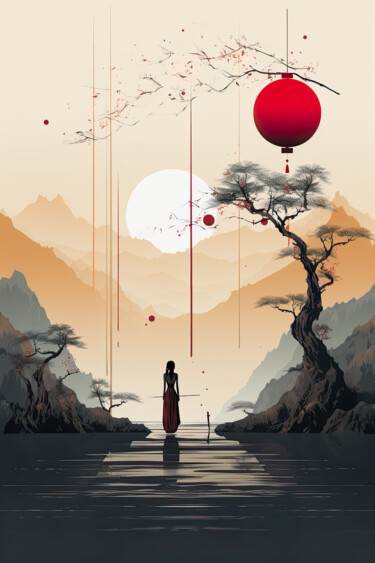 Digitale Kunst getiteld "Zen Sunrise" door Jérôme Mettling, Origineel Kunstwerk, AI gegenereerde afbeelding
