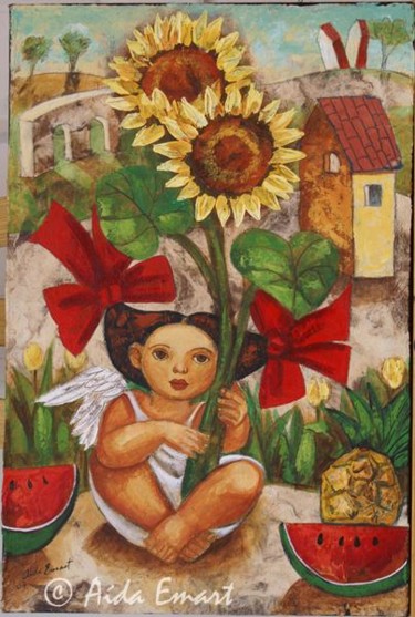 Картина под названием "Angel y Girasoles" - Aida Emart, Подлинное произведение искусства, Акрил