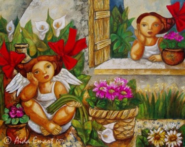 Pintura titulada "Angel de las Flores" por Aida Emart, Obra de arte original, Acrílico