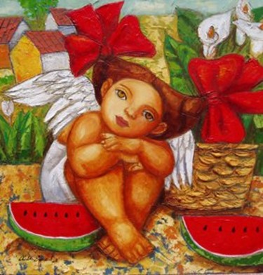 Pintura titulada "angel con sandia" por Aida Emart, Obra de arte original