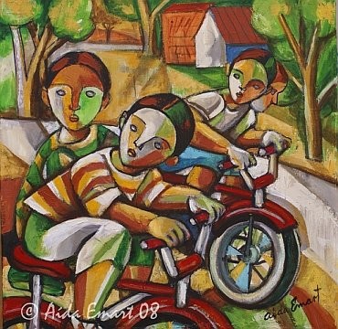 Картина под названием "Carrera de bicis ro…" - Aida Emart, Подлинное произведение искусства, Масло