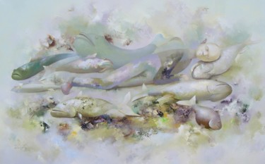 Painting titled "sleeping with fish" by Aigars Zalkalns, Original Artwork, Oil