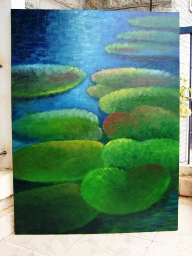 Schilderij getiteld "Water lily" door Aijaz Qaisar, Origineel Kunstwerk, Olie