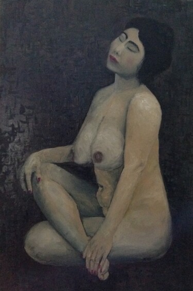 Painting titled "Nude Asian Woman" by Aikaterine Rousake, Original Artwork, Oil Mounted on Wood Stretcher frame