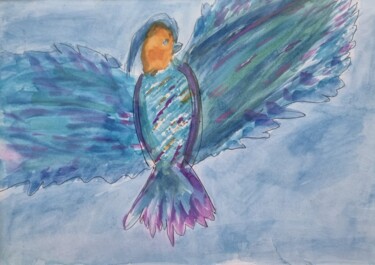 Painting titled "L'oiseau bleu" by Aïna Aubry, Original Artwork, Gouache