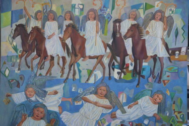 Schilderij getiteld "Riders" door Ainagul Isaeva, Origineel Kunstwerk, Olie