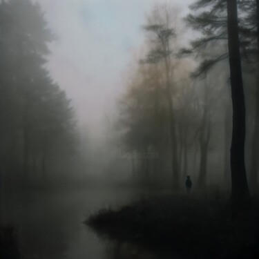Digitale Kunst getiteld "Foggy forest black…" door Ainaliora, Origineel Kunstwerk, AI gegenereerde afbeelding