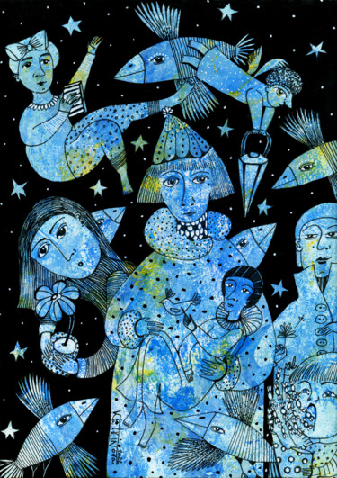 Disegno intitolato "«Из мира синих воро…" da Ekaterina Vitvinova, Opera d'arte originale, Inchiostro