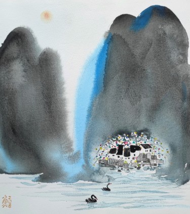 Malarstwo zatytułowany „The water town” autorstwa Aj Art, Oryginalna praca, Akwarela