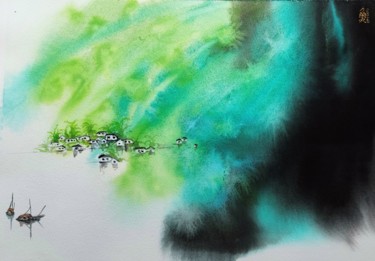 Malerei mit dem Titel "The water town II" von Aj Art, Original-Kunstwerk, Aquarell