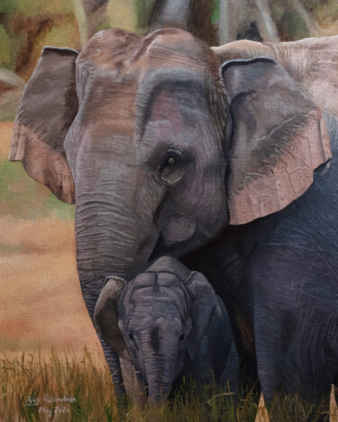 Painting titled "Mother & Baby Eleph…" by Ajay Ravindran, Original Artwork, Oil Mounted on Wood Stretcher frame