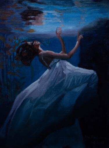 Painting titled "Woman Underwater" by Ajay Ravindran, Original Artwork, Oil Mounted on Other rigid panel